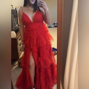 Red tiered Prom dress with leg slit, never worn!!